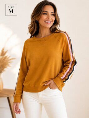 Arizona Jean Company Mustard Sweatshirt Women's Medium Stripe Sleeve Pullover